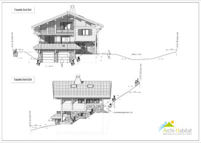 Plans de façades d'un chalet en demi-niveaux au Grand-Bornand