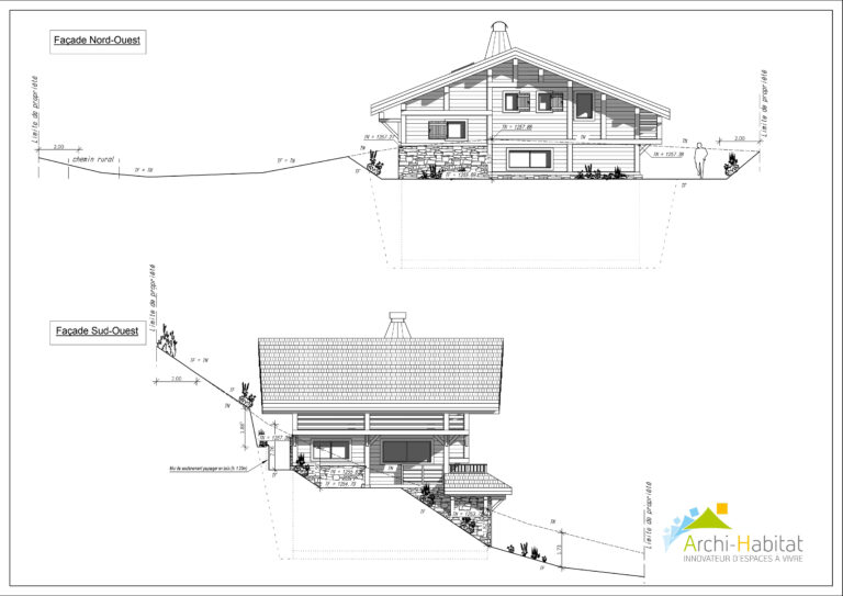 Plans de façades d'un chalet en demi-niveaux au Grand-Bornand