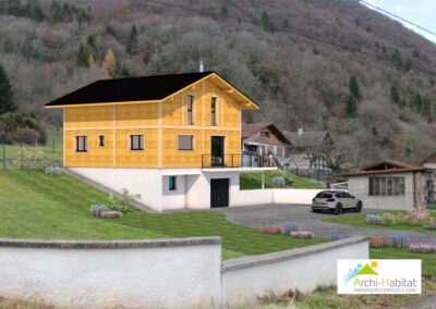 Vue extérieure d'une maison ossature bois à Faverges-Seythenet
