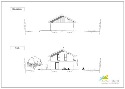 Façades d'un projet de rénovation avec surélévation et aménagement des combles à Bons-en-Chablais