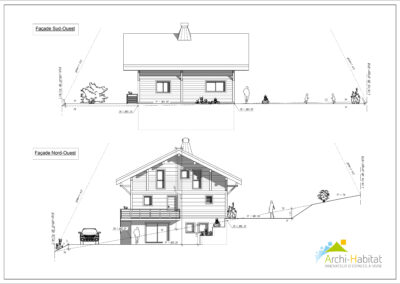 Plan de façades d'une construction de chalet poteaux-poutres à Saint-Jean-de-Sixt