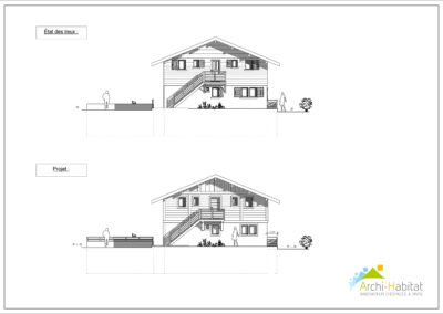 Plan de façades d'un projet de rénovation et de réaménagement intérieur d'une maison de style chalet à La Clusaz