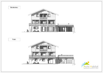 Plan de façades d'un projet de rénovation et de réaménagement intérieur d'une maison de style chalet à La Clusaz
