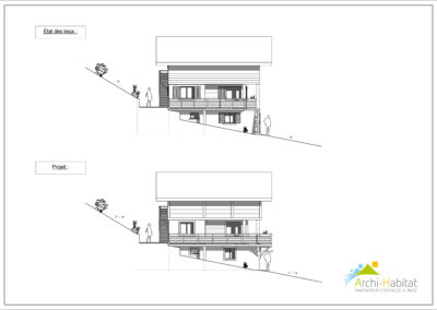 Plan de façades d'un projet de rénovation et de réaménagement intérieur d'une maison de style chalet à La Clusaz